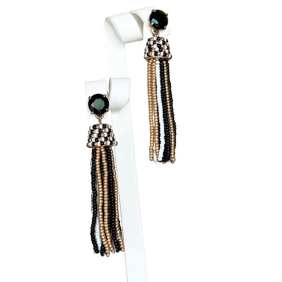 J. Crew Black/White/Gold Beaded Tassel Earrings Statement Jewelry - Picture 1 of 7
